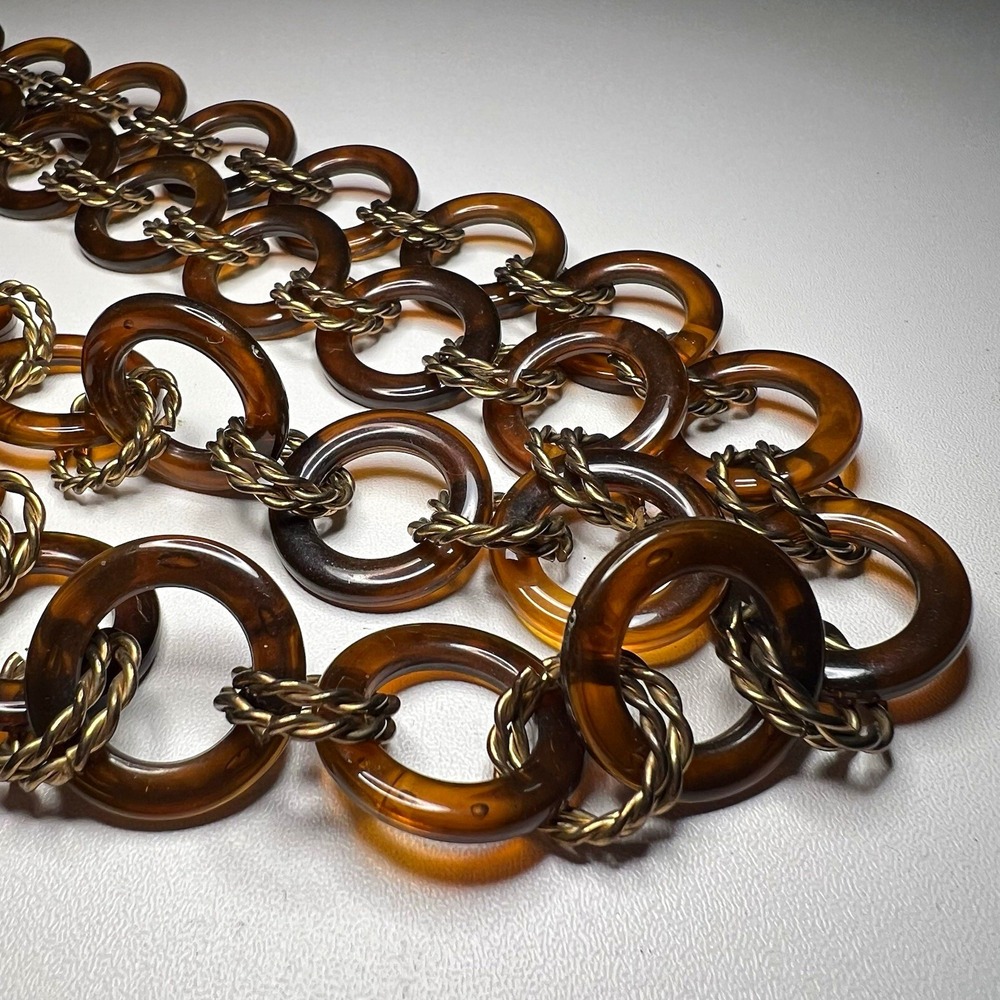 Brown Gold Tone Round Link Chain Statement Necklace Plastic Metal 19 in